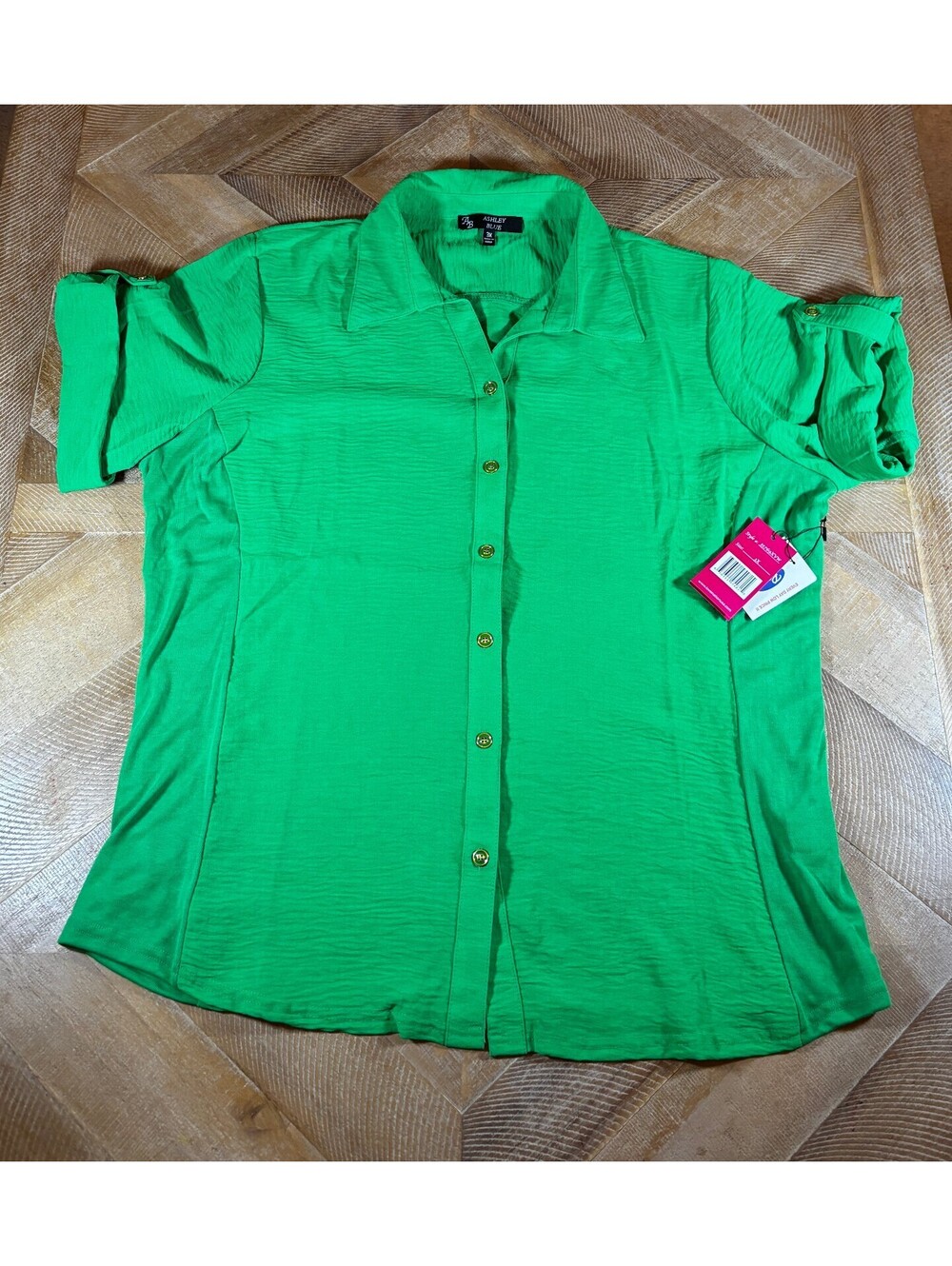 Ashley Blue Plus 3X Green Button Down Blouse Roll Tab Sleeve NWT (211)